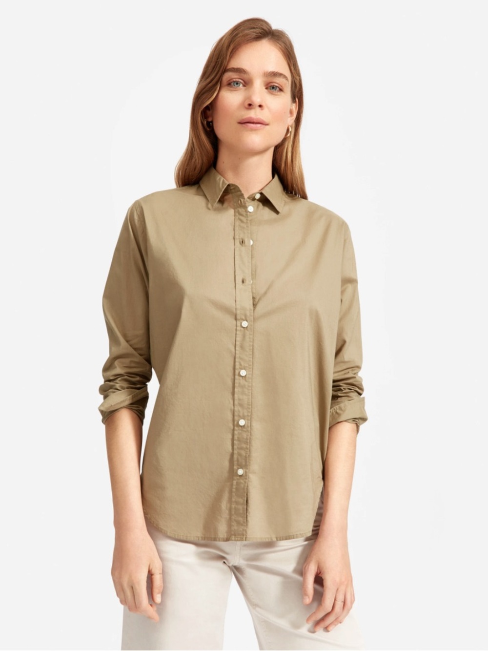 Everlane Cotton Button Down Utility Long Sleeve Olive Green Shirt Office Career